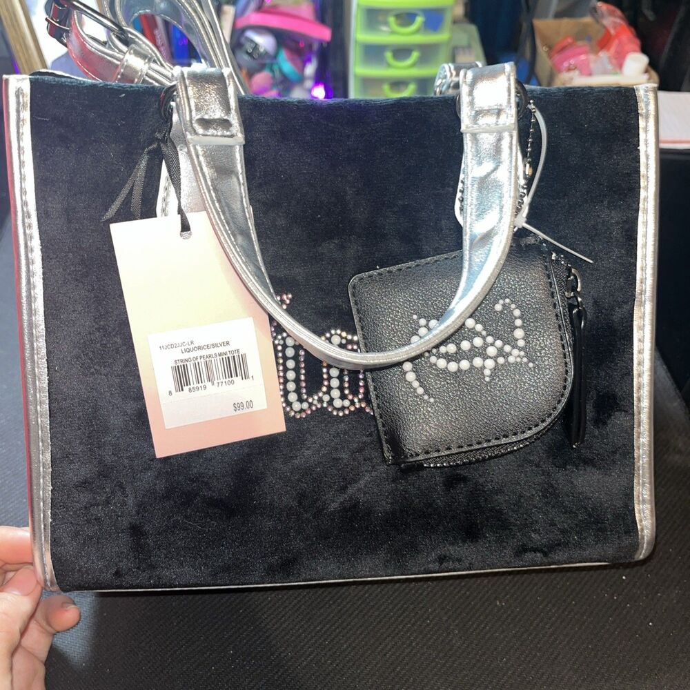 Silver Glossy and Black Juicy Couture Top Handle Bag with adjustable strap